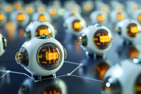 Numerous small, spherical robots with glowing lights are arranged in a high-tech environment showcasing innovation.の写真素材
