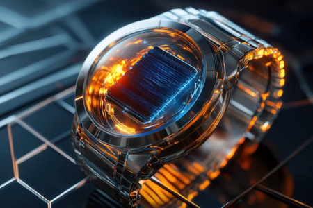 This solar energy watch showcases a sleek design and vibrant colors, reflecting modern technology and creativity.の写真素材