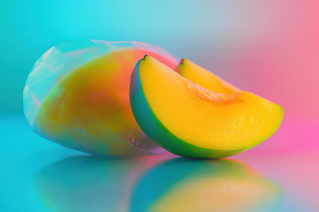Brightly colored mango slices sit next to a whole fruit, illuminated by vivid background lighting.の写真素材