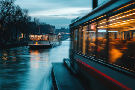 Two boats glide through the river as city lights twinkle against a twilight sky, creating a lively atmosphere.の素材