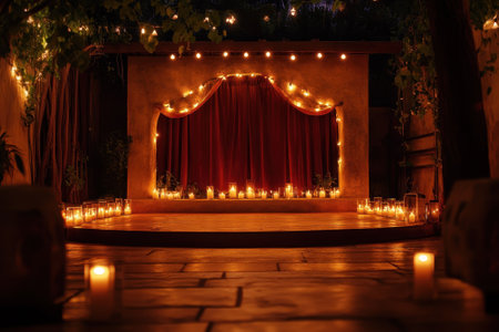 Softly lit outdoor stage featuring draped curtains, candles, and glowing lights creates a serene atmosphere.の写真素材