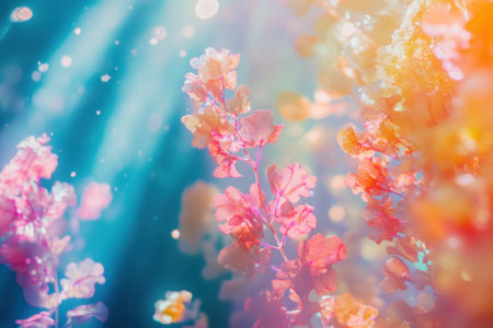 Vibrant aquatic plants thrive beneath sunlit water, creating a tranquil and colorful underwater landscape.の写真素材
