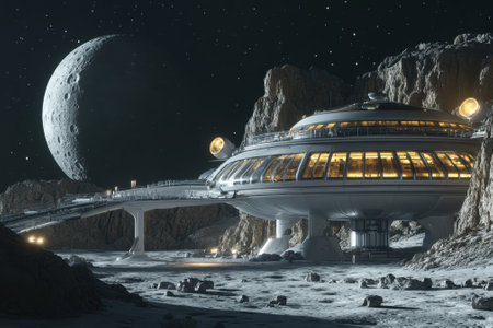 A futuristic space station stands on the lunar surface against a backdrop of stars and a large moon.の写真素材