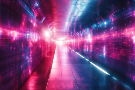 A colorful tunnel illuminated by neon lights creates an energetic atmosphere at night.の写真素材