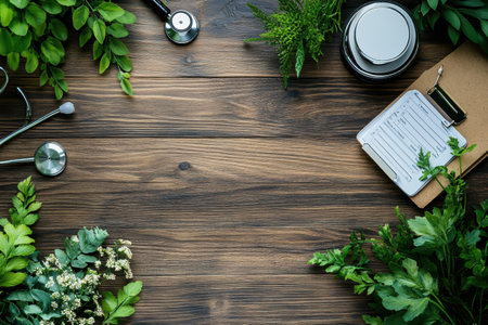A wooden desk is surrounded by lush greenery and medical tools, symbolizing holistic health practices.の写真素材