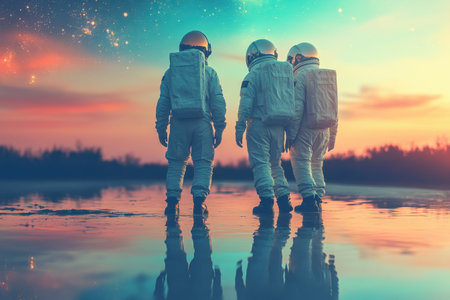 Three astronauts stroll across a wet terrain, illuminated by a vibrant twilight sky filled with stars.の写真素材