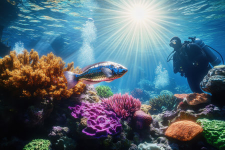 A diver swims among colorful corals and fishes in a bright, illuminated underwater setting.の写真素材