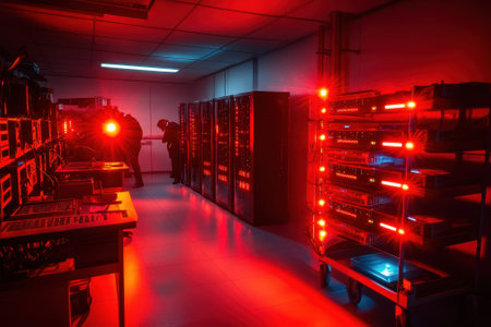 Technicians are focused on repairing servers in a dimly lit data center illuminated by red lights.の写真素材
