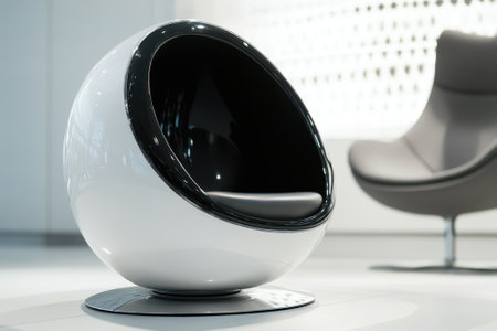 A unique spherical chair in black and white sits prominently in a sleek, minimalist room with light colors.の素材