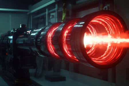 A sophisticated laser weapon emits a bright red beam in a dimly lit, advanced tech lab environment.の写真素材