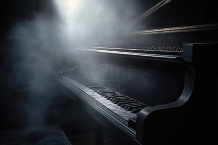 A grand piano stands in a dark room enveloped in swirling smoke, creating an eerie and atmospheric ambiance.の写真素材