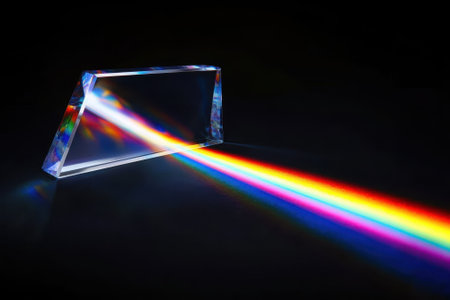 A glass prism refracts a beam of light, producing a vivid rainbow spectrum on a dark background.の写真素材