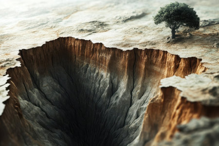 A solitary tree stands near the edge of a deep canyon, showing the stark beauty of the rugged landscape.の写真素材