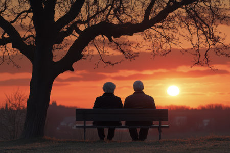Two individuals sit closely on a bench, watching a vibrant sunset, with a tree providing shade.の写真素材