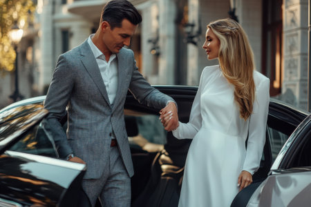 A man in a tailored suit assists a woman in a flowing white dress as they exit a luxury vehicle.の写真素材