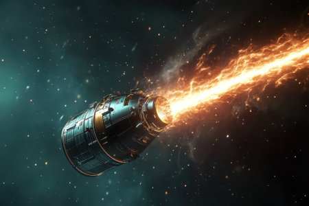 A spacecraft's rocket engine fires brightly, creating a powerful stream of flame in the vastness of space.の写真素材