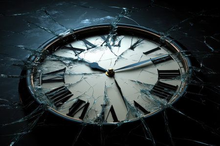 A shattered clock face resting on a dark surface, showing broken glass and twisted hands, evoking mystery.の写真素材