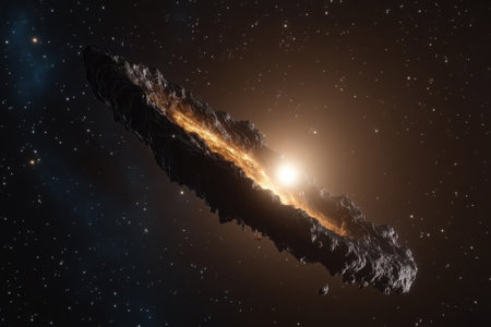 A distant celestial body emits a warm glow amidst a vast expanse of stars in the universe.の写真素材