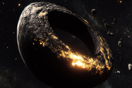 An unusual cosmic ring structure glows brightly in the dark expanse of outer space, surrounded by asteroids.の写真素材