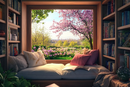 A comfortable window seat surrounded by books offers a view of colorful flowers and lush trees outside.の写真素材