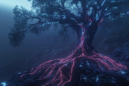 This ancient tree stands in a foggy forest, its roots radiating vibrant colors as twilight settles in.の写真素材