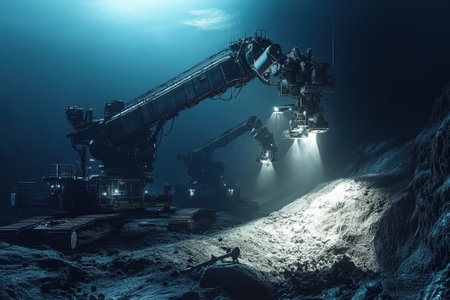 Specialized machinery illuminates the dark depths of the ocean, uncovering hidden geological features.の写真素材