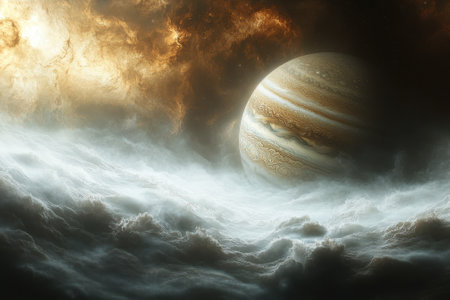 A stunning view of Jupiter with swirling clouds and colors presents the majesty of our solar system.の写真素材