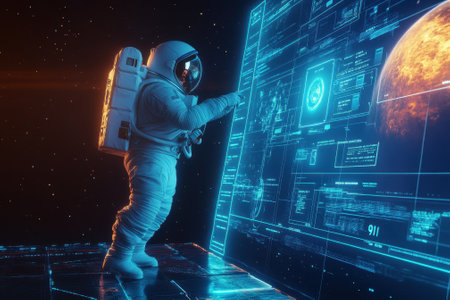 An astronaut in a space suit engages with a holographic interface while exploring outer space near a planet.の素材