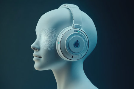 A modern design showcases a mannequin with headphones, emphasizing advanced sound technology and creativity.の写真素材