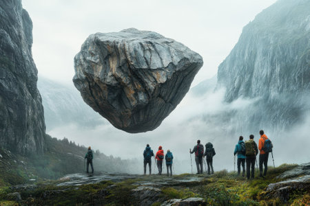 A group of hikers stands in awe as a massive rock mysteriously floats above the ground in the mountains.の写真素材