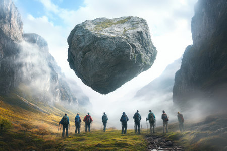 Groups of hikers gaze in awe at a large, floating rock above lush green hills under a clear sky.の写真素材