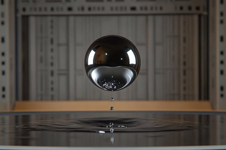 A striking black droplet hovers above a calm water surface, reflecting the surroundings in a lab environment.の写真素材