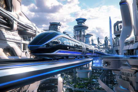 A sleek train glides through a modern city filled with advanced architecture under a bright blue sky.の写真素材