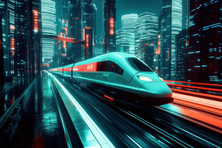 A sleek train speeds through illuminated skyscrapers in a vibrant, futuristic urban landscape.の写真素材