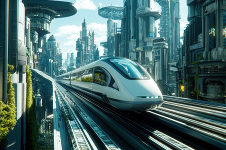 A sleek high-speed train glides through a vibrant, technologically advanced urban landscape under a clear sky.の写真素材