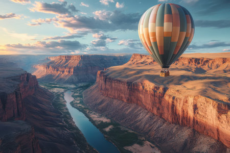 A colorful hot air balloon ascends above majestic canyon walls and a winding river at dusk.の写真素材