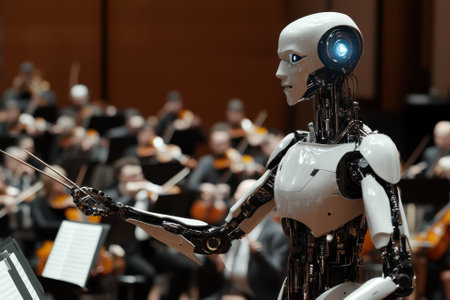 A robot is conducting a symphony orchestra, showcasing technology in a musical setting.の写真素材