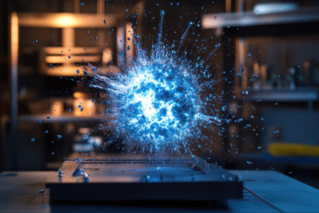 A vibrant blue energy burst occurs in a lab, showing the dynamic results of scientific experimentation.の写真素材