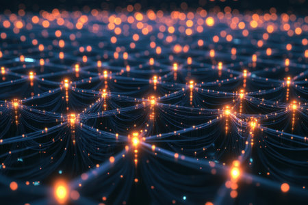 Intricate patterns of illuminated lines stretch across the surface, creating a mesmerizing abstract landscape.の写真素材