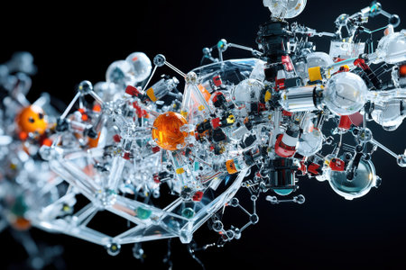 Detailed arrangement of spherical and geometric elements depicting a molecular theme with vibrant colors.の写真素材