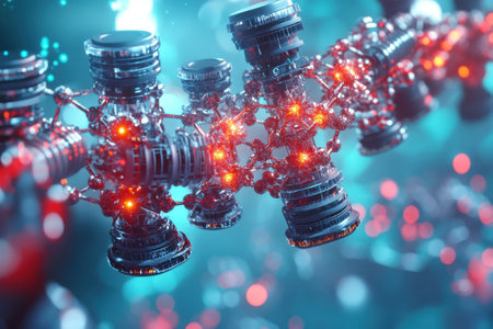 Intricate molecular design with luminous elements is displayed against a blurred digital background.の写真素材