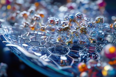 Intricate molecular structures are arranged artistically on a shiny surface, showing vibrant colors and details.の写真素材