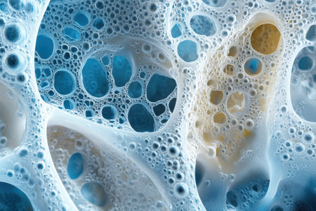 Bubbles of varying sizes create complex patterns in a translucent liquid, illuminated with soft light.の写真素材