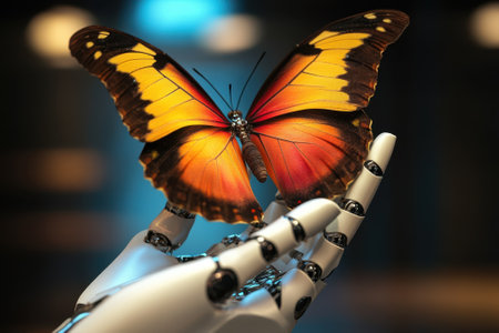 A robotic hand supports a vibrant butterfly, illustrating the connection between nature and innovation.の写真素材