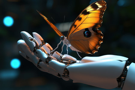 A metallic robotic hand is holding a vibrant butterfly amid a softly lit, modern environment.の写真素材