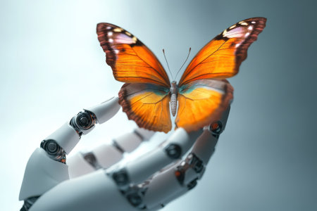 A robotic hand carefully supports a vibrant orange butterfly, illustrating the harmony between nature and innovation.の写真素材