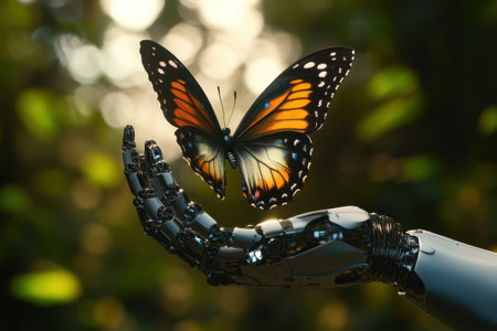 A robotic hand holds a beautiful orange and black butterfly in a tranquil outdoor environment.の写真素材
