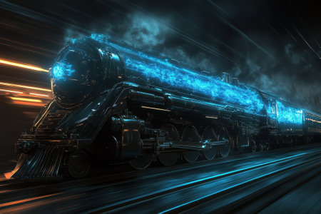 A powerful steam locomotive races along tracks illuminated by glowing lights in a futuristic setting at night.の写真素材