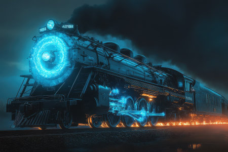A vintage steam engine surrounded by vibrant blue light travels along a track, creating a mystical atmosphere.の写真素材