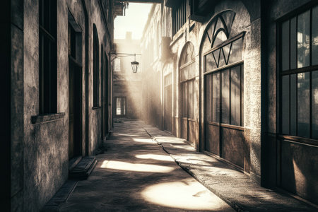 Soft rays of sunlight illuminate an empty alleyway lined with aged buildings and shadows.の写真素材